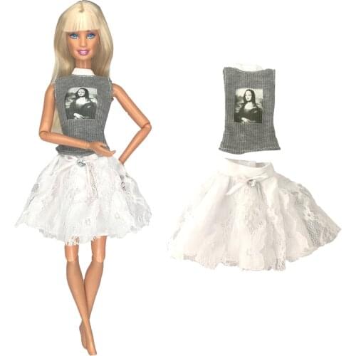 NK 1X Fashion Doll Dress Grey Top Fashion Pattern Shirt White Lace Handmade Skirt for Barbie Doll Outfit Accessories 284D 8X