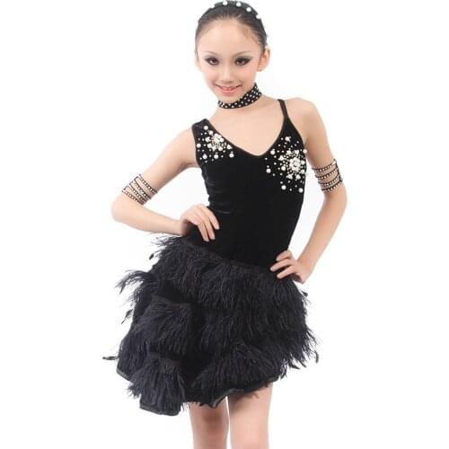 New Collection High-end Black Latin Dance Dress w/Feather for Girls/Women Rumba/Chacha/Ballroom/Jazz Stage Competition Costume