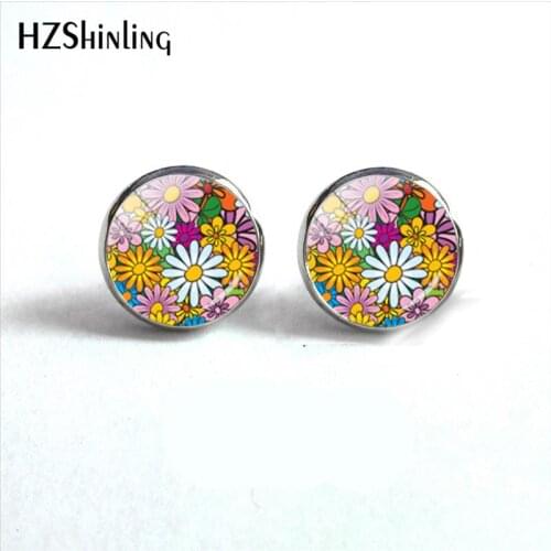 2018 New Sunflower Earring Color Flowers Ear Stud Handmade Earrings Art Glass Cabochon Jewelry HZ4
