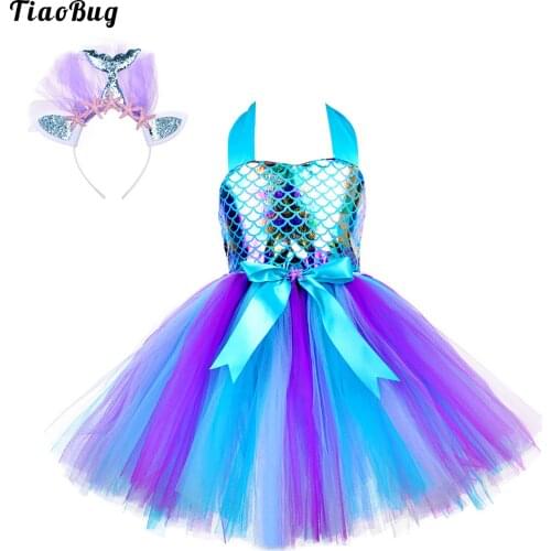 Novel Kids Girls Princess Sleeveless Halter Shiny Tutu Dress With Headband For Party Costume Dance School Performance Cosplay