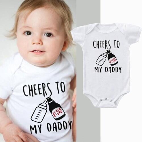 Toddler Baby Boys Girls Short Sleeve Cute Print Letter Cheers To My Daddy Romper Jumpsuit Outfits White Cotton Baby Clothes