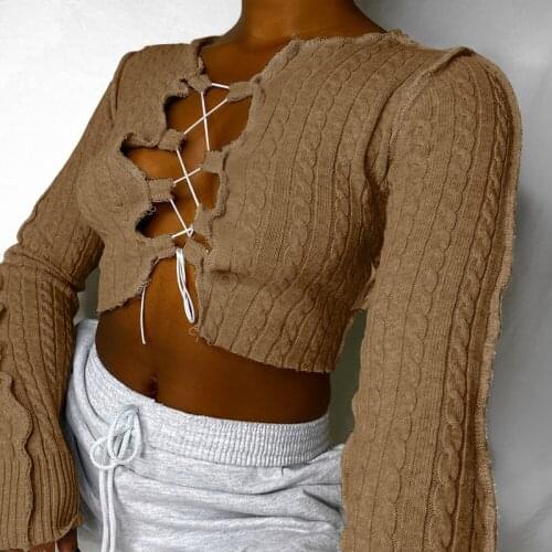 OMSJ Lady Sexy Simple Hollow Out Lace Up Bandage Tops Ribbed Knitting Solid Long Sleeve Slim Women Casual Crop Top Daily Clothes