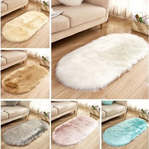 RAYUAN Oval Artificial Wool Sheepskin Hairy Carpet Faux Mat Seat Pad Fur Plain Fluffy Soft Area Rug Tapetes