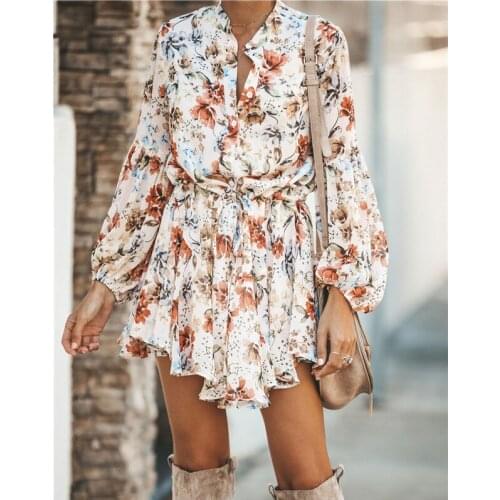 Autumn Long Lantern Sleeve Floral Print Dress Women Elegant Ruffles V-neck Buttons A-line Party Dresses Spring Female Dresses