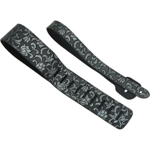 PU Leather Adjustable Acoustic Electric Guitar Bass Wide Strap Silver Flower Embossed Strap