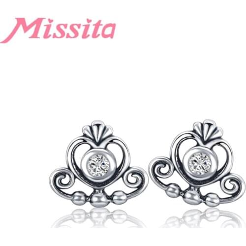 MISSITA 2019 New Fashion Clear CZ Heart Crown Earrings for Women Wedding Silver Color Jewelry Brand Stud Earrings HOT SELL Gift