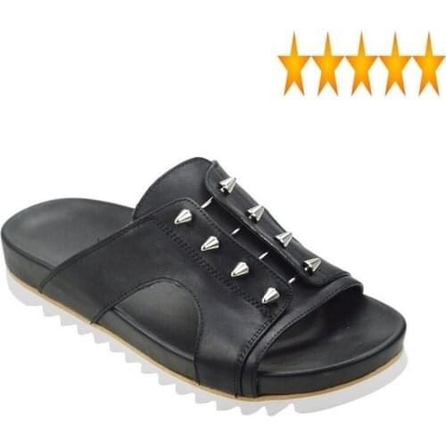 Slippers British Style Genuine Leather Mens Summer Casual Slides Streetwear Rivets Breathable Flats Platform Sandals Beach Shoes