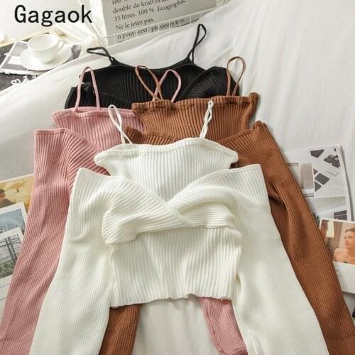 Gagaok Fake Two Sweater Women 2021 Spring Autumn New V-Neck Full Sexy Knitted Sweaters Korean Short Chic Wild Fashion Pullovers