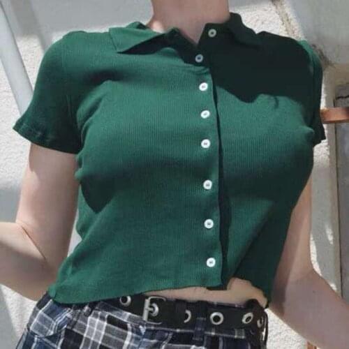 Women Short Sleeve Turndown Collared T-shirt Summer Knitted Top casual Buttons Up Tight Rib-knitted Plain Crop Top white T-shirt