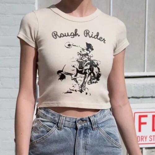 Women Rough Rider Graphic Cotton Cropped Fit Tee Crop Short Sleeved T-shirt In Beige