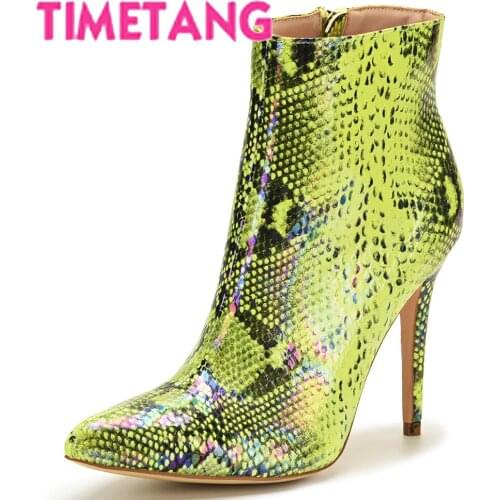 TIMETANG Autumn New Fashion Snake Skin Pointed Toe Women Ankle Boots High Thin Heels Women Shoes All Size 34-44 OL/Casual/Street