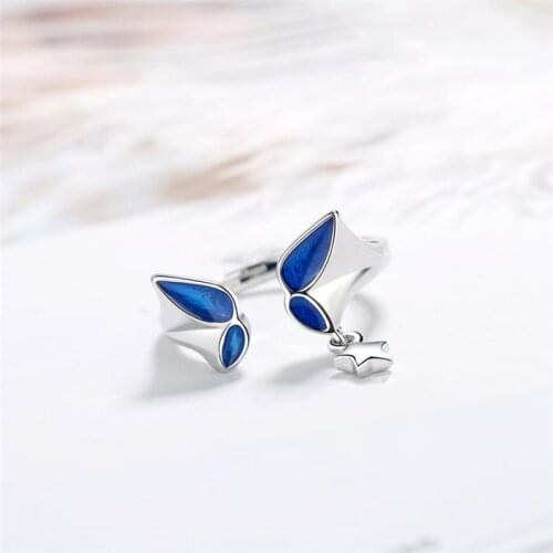 Sole Memory Blue Drip Glaze Butterfly Cool Cute Sweet 925 Sterling Silver Female Resizable Opening Rings SRI570