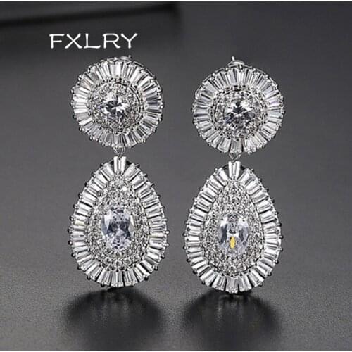 FXLRY New Luxury Noble Dangle Shining CZ Crystal Double Round Statement Drop Earrings for Women Wedding Jewelry