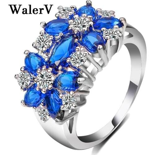 WalerV New Sterling Ring for Womens Rings Fashion Charm Jewelry Luxury Blue Flowers Crystal CZ Zircon Wedding Ring