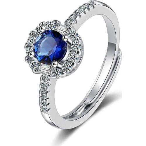 Bling Blue Crystal Romantic Adjustable Cubic Zirconia 925 Sterling Silver Rings For Women Fashion Dainty Trendy Jewelry Gift