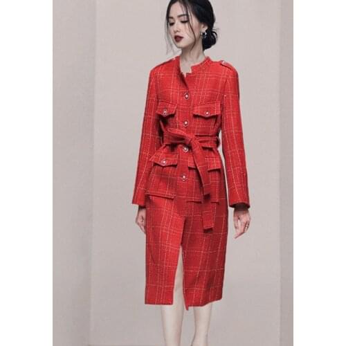 High Quality Runway Autumn Winter Dow Tweed Wool Coat Fashion Women Single Breasted Thick Plaid Red Woolen Belt Woollen Coat
