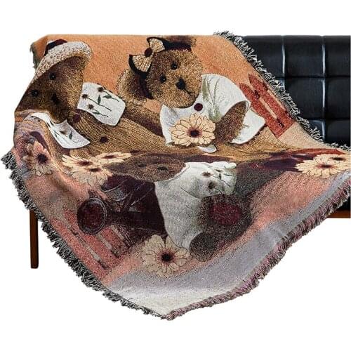 130*160cm Single/Double Sofa Blankety Cartoon Bears Yarn-dyed Throw Dust-proof Decorative Tassels Sofa Towel Portable Blankety
