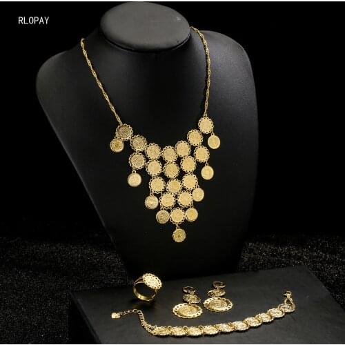 Middle Eastern Arab Accessories 4 Piece Neckle Set, Bracelet Ring Earring Copper and Gold Plated Ethnic Wedding Jewelry Set