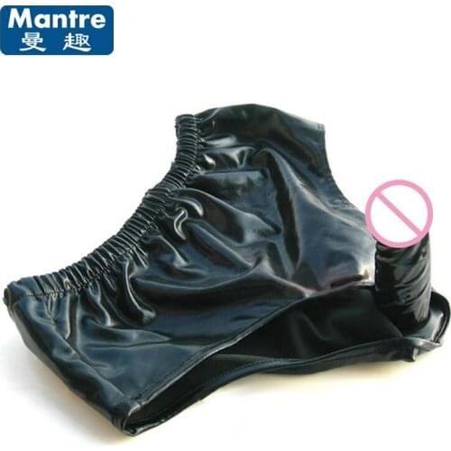 Black Faux Leather Latex Male Female Masturbation With Anal Dildo Penis Plug Sexy Chastity Belt Sex Toys