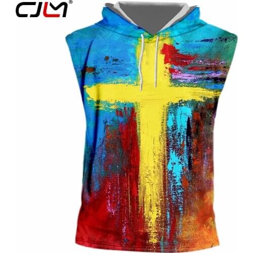 CJLM Summer New Oil Painting Art 3D Printing Mens Sleeveless Hooded Casual Loose Man Hat Top Cross Sleeveless Top Large Size