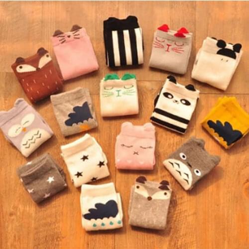 Girls cartoon jacquard hosiery for child short knee high tube socks heaps fox star bear stripe cotton socks leg warm sock