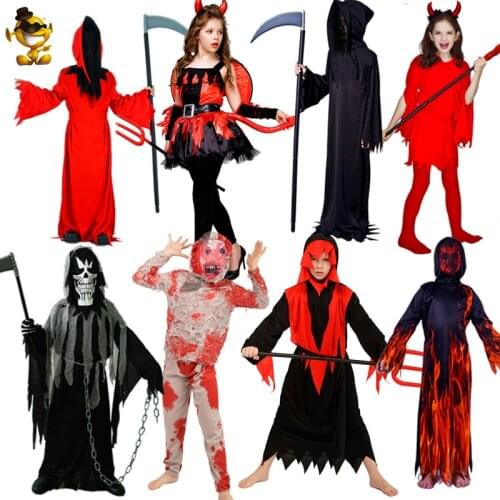 Purim Kids Devil&Zombie&Grim Reaper Costume Skeleton Halloween Boy&Girl Scary Red Devil Robe Cosplay Children Costumes