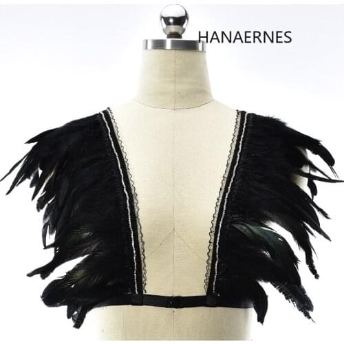 Women black Feather Sexy Lingerie Gothic Crop Tops Out Elastic Cage Bra Bandage Strappy Halter Bustier Tops Harness Underwear