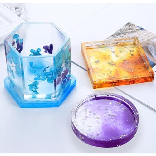 Flower Pot Base Silicone Mold Handmade Tea Coaster Mold Crystal Drop Glue DIY Grinding Square Hexagonal Round Shape Mold