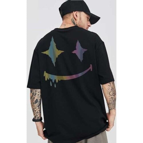 Ovesize T Shirts Reflective Rainbow Print Tops Tees Smile Super Joker Hip Hop Streetwear Homme Clothes Cotton Casual Half Sleeve