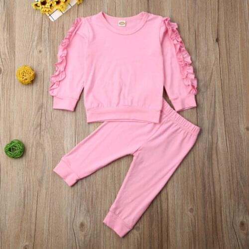 Baby Girls Spring Autumn Clothes Set Ruffle Long Sleeve Round Collar Pullover+Solid Color Long Pants Kids 2Pcs Casual Outfits