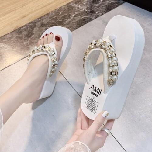 Summer rhinestone Flip-flops Holiday Platform Sandals Black and White Color Pink Color Slippers Beaded Decoration Slippers