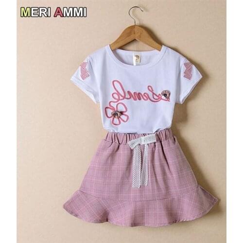 MERI AMMI Children Cartoon Girl Clothing Set Cartoon Tee+Bowknot Skirts Outfit Set For 4-13 Year Girl