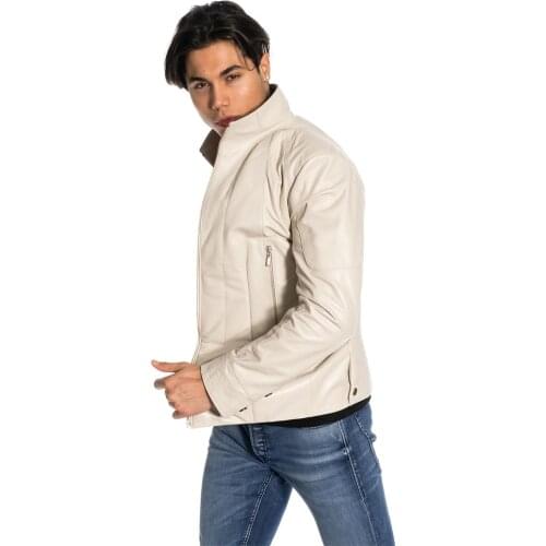 Genuine Soft Leather Handmade Beige Man Jacket Biker Style High Quality Lambskin Metal Zipper Winter Gift For Valentines Day