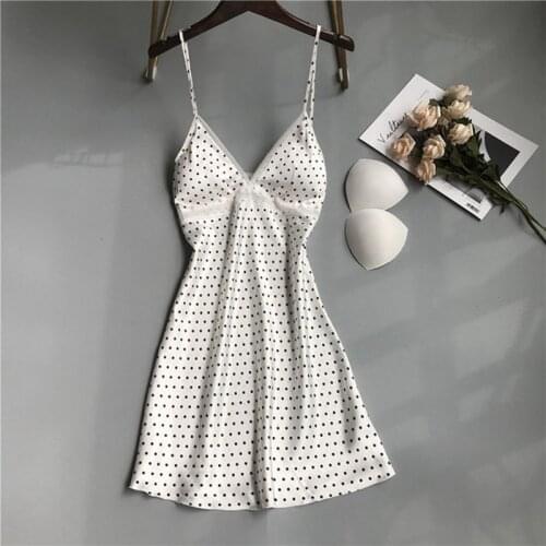 Hot sale Polka Dot Sling Chest Pad Nightdress Women Summer Sexy Nightwear Thin Casual Home Wear Cute Tempting white Nightgown