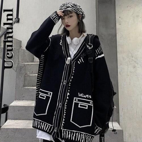Ucuhulnl Korean Winter New Harajuku Style Sweater Vintage V-Neck Full Sleeve Cardigan Fashion Graffiti Lazy Style Loose Knitting