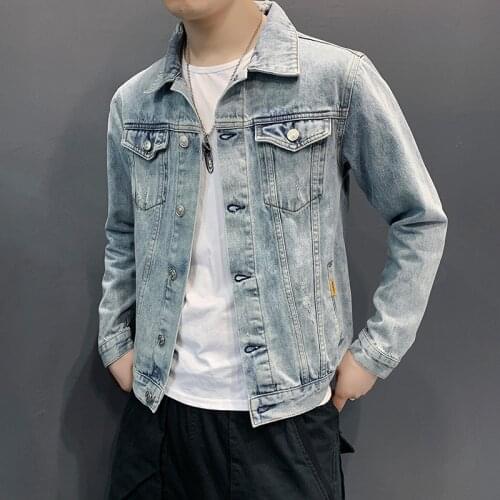 New style denim jacket male Korean style self-cultivation ripped jacket embroidered on the clothes handsome gown trendy clothes