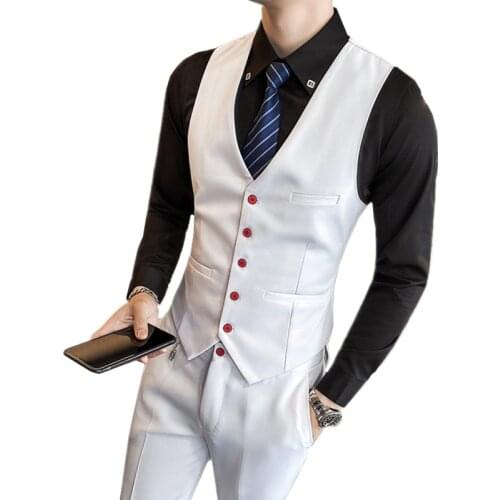 Autumn Men Suit Vest and Pant Two-Piece Set Black White Waistcoat Trousers Slim Male Wedding Banquet Clothing