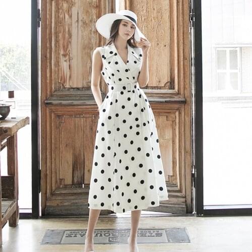 Dress Women Summer Polka Dot Sundress Elegant Dress 2021 Hanbok Fashion Holiday Sleeveless Long Skirt Ladies Robe