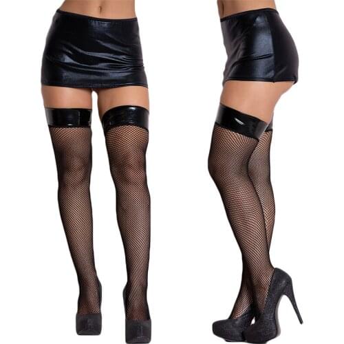 Sexy Women PU Leather Fishnet Patchwork Stockings Black Over Knee Long Thigh High Socks Woman Compression Socks Lingerie