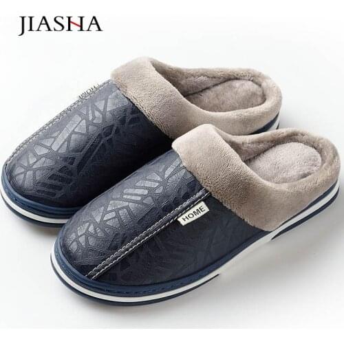 Warm house slippers waterproof 2021 men slippers leather winter shoes men brand anti dirty plush non-slip male shoes plus size
