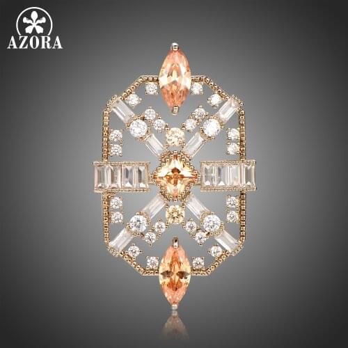 AZORA Champagne Big Statement Brooches for Women Delicate Dazzling Clear Zircon White Gold Plated Wedding Retro Jewelry TP0112