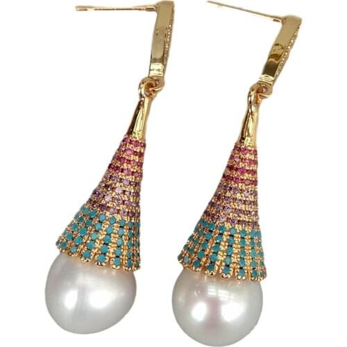 Gold color plated Cubic Zirconia CZ micro Pave natural Freshwater White Rice Pearl Dangle Earrings For Women