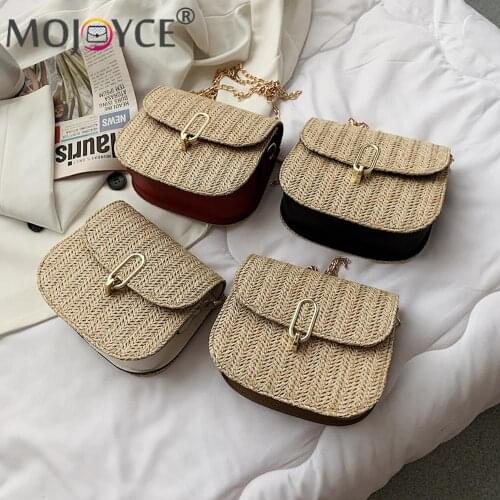 Lady Saddle Bags Mini PU Leather Straw Woven Patchwork Designs Shoulder Bags for Women Fashion Handbags Female Travel