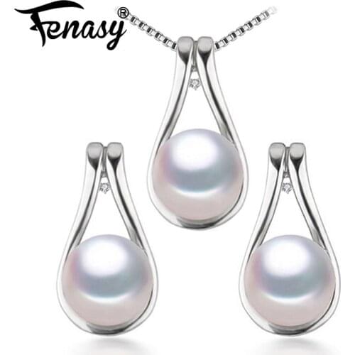 FENASY 925 Sterling Silver Jewelry Sets Genuine Natural Pearl Pendant Chain Necklaces For Women Classic OL Stud Earrings