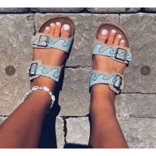 2021 Womens Hand-painted Wave Cork Sole Slippers Fashion Hot Sale Casual Women Shoes 1kb149