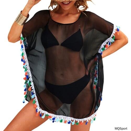 Summer Lightsome Female Smock, Round Neck Short Sleeve Beach Dress Bikini Covers with Tassel Swimsuit Outwear