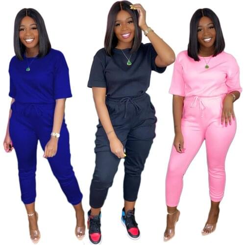 Tracksuit 2 Piece Sets Womens Casual Outfits 2021 Spring Summer Solid Color Short-sleeve Trousers Matching Sports Jogging Suit