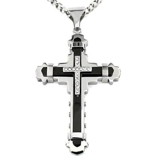 Rhinestone Cross Pendant Necklace Men Byzantine Gold Black Necklace Chain Catholic Crucifix Pendant Womens Necklaces Jewelry