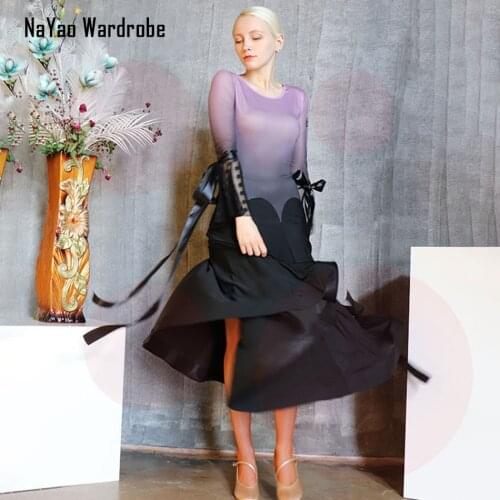 2020 New TL663 Latin Dance Dress Women Lotus Design Sleeve Patchwork Dancing Performance Dress for Ballroom Samba Tango