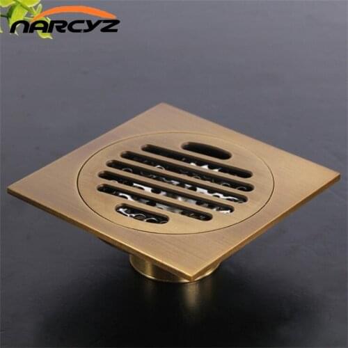 10x10cm Brass Antique Brushed Floor Drain Bathroom Kitchen Shower Roon Porch Square Floor Waste Drain Grate Sanitary XSQ1-20